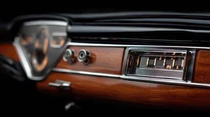 Classic Car Interior Detail: Wood Paneling, Chrome Accents, Vintage Dashboard