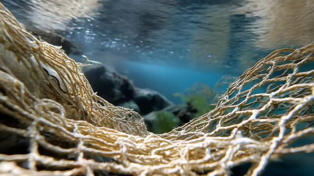 Ecological collapse Concept,Underwater Fishing Net Entangled in Marine Life, Showcasing Ocean Ecosystem and Natures Beauty