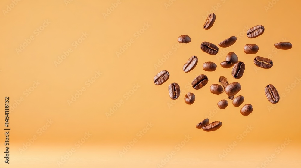 Aufkleber roasted coffee beans are levitating on a warm orange background, creating a visually appealing scene