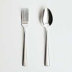 A fork and spoon, shiny and stainless steel, laid side by side on a plain background