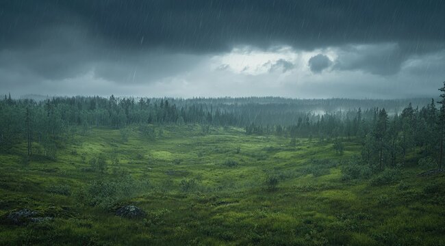 Lush green landscape under a stormy sky. Rain falls on a field of grasses and trees