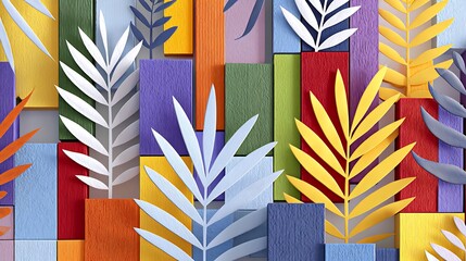 Vibrant Colorful Wooden Blocks with Paper Tropical Leaves Abstract Background