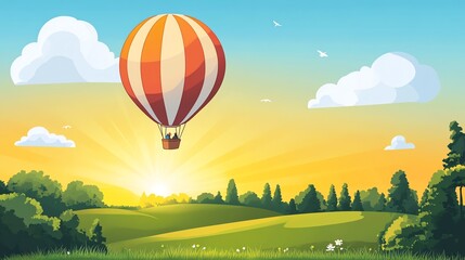 Fototapeta premium Digital illustration depicts a hot air balloon soaring over a green valley under a bright sunset.