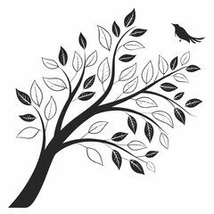 Obraz premium vector tree silhouette , Vector art of a tree with leaves and a bird flying near it, isolated on white background, representing nature, growth, and the beauty of the season