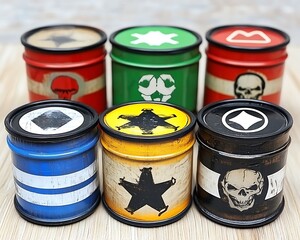 Colorful barrels on wooden table