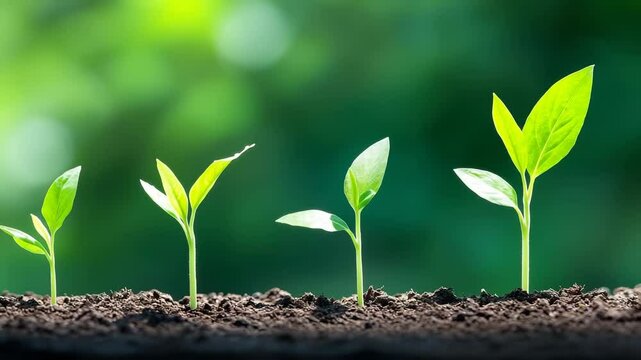 Green seedlings progressing from small sprouts to larger plants, showing gradual growth stages in rich dark soil with blurred green background.