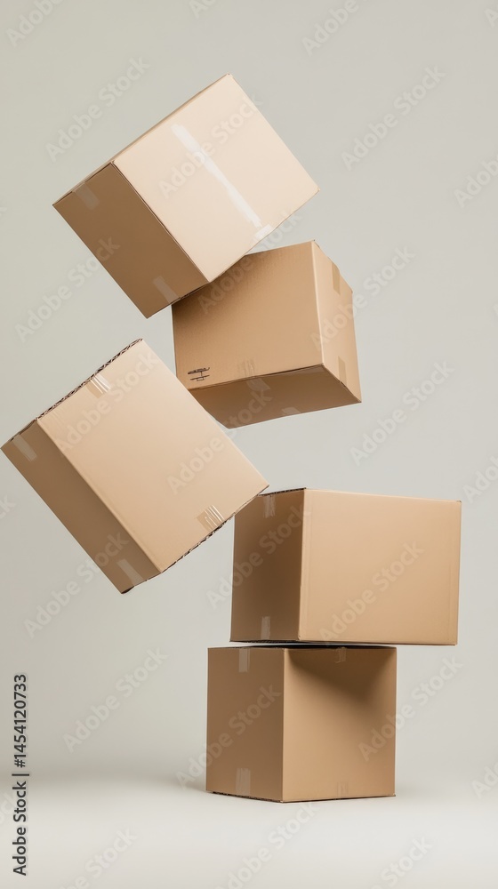 Aufkleber Four closed cardboard boxes of different sizes levitating and rotating on a minimalist gray background, creating a dynamic and intriguing visual