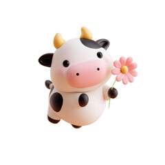 Naklejka premium A charming cartoon cow holds a delicate pink flower, its whical design standing out against a plain backdrop.
