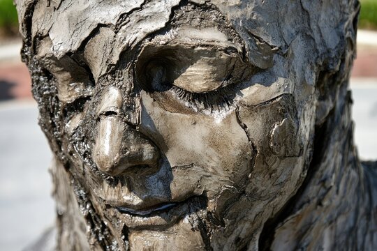 Mud-caked human face sculpture