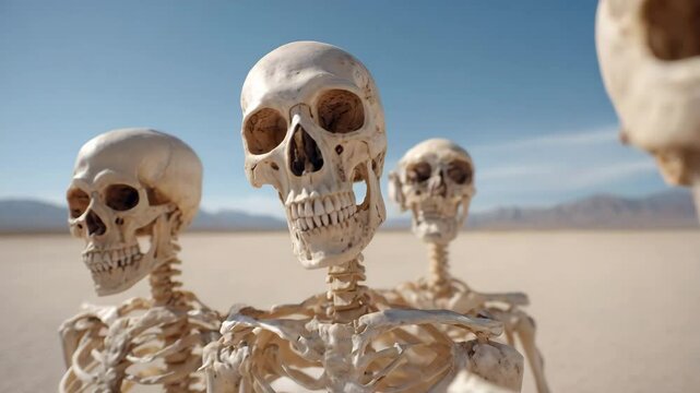 Skeletons in desert landscape under clear sky evoke curiosity, showcasing intricate anatomy of bones against barren backdrop.