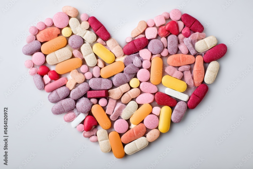 Poster Heart Shape Formed From Assorted Tablets in Various Colors and Shapes on a Light Background Generative AI