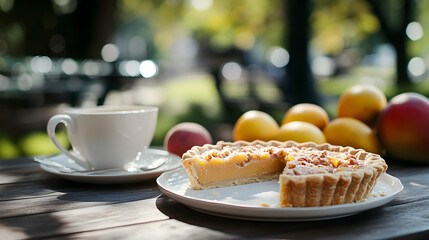 Tranquil outdoor picnic with artisan fruit tart and steaming coffee cup