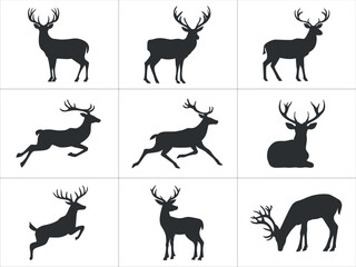 Nine Stag Silhouettes Majestic Deer, Antlered Icons, Wildlife Graphics.
Silhouette of deers in various poses standing, running,
jumping, and resting. Simple, elegant wildlife illustrations.