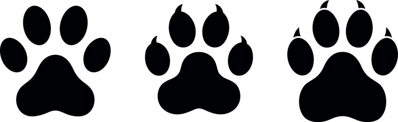 Three Black Paw Prints Dog, Cat, and Wild Cat Footprints. Illustration showing three black paw prints a dog paw, a cat paw, and a wild cat paw, differing in claw detail. Simple, vector graphics.