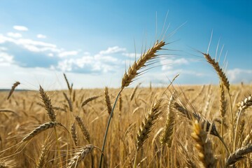Naklejka premium Golden Wheat Field under Blue Sky with Ripe Grain Ears.