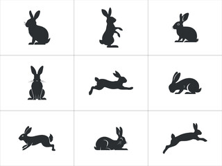 Black Rabbit Silhouettes Sitting, Standing, Jumping Poses. Collection of rabbit silhouettes, various poses sitting, standing, and leaping. Simple, elegant designs. rabbit silhouettes vector