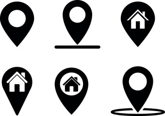 Location Icons with Houses. Location Markers Map Pins, House Icons, GPS Symbols, location pin icons,
map pin icons. Simple, versatile GPS location markers