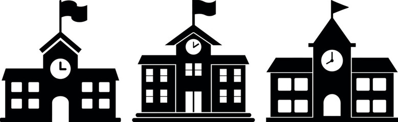 School building silhouette. three black silhouette illustrations of school buildings.
School Building Icons including Clock Tower, Flag, Education Symbols