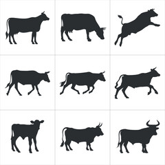 Silhouettes of Various Cattle. black silhouettes of cows and bulls in various poses.
Silhouette Cattle Collection Cows, Bulls, Calves, Farm Animals vector illustration