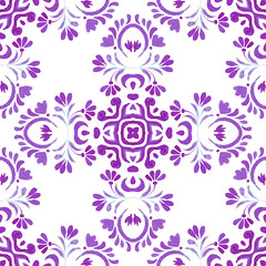 Abstract pink and white hand drawn tile seamless ornamental watercolor paint pattern. Portuguese tiling mosaic.