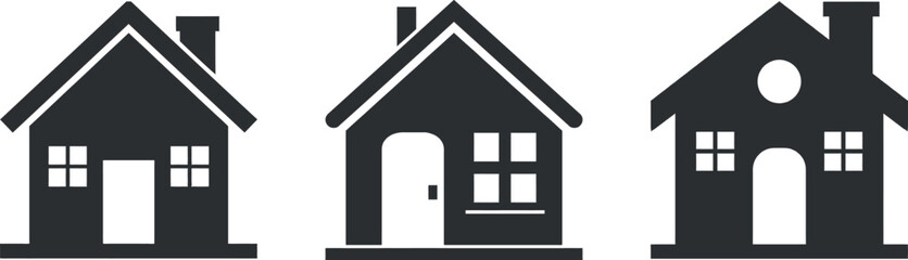 Simple House Icons. Home, Residence, Building, Design, Structure, Shelter, Property,
Real Estate. Three Simple House Icons on a White Background