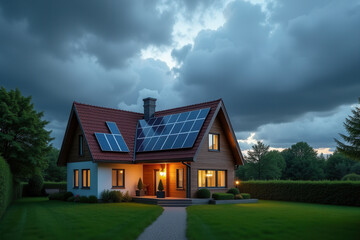 Fototapeta premium Modern Solar Powered House, Eco Friendly Sustainable Architecture, Clean Energy Living