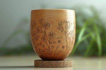 Wooden cup engraved with delicate floral designs.