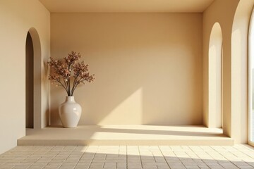 Serene Minimalist Interior with Archways and Dried Floral Arrangement in a Ceramic Vase on a Light Beige Platform
