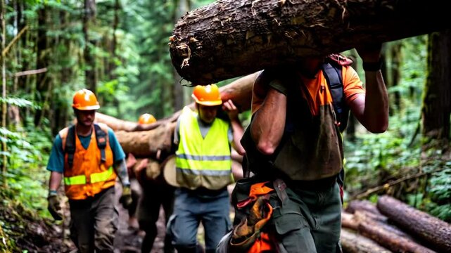 Loggers lifting a giant tree trunk with cables in a dense forest setting