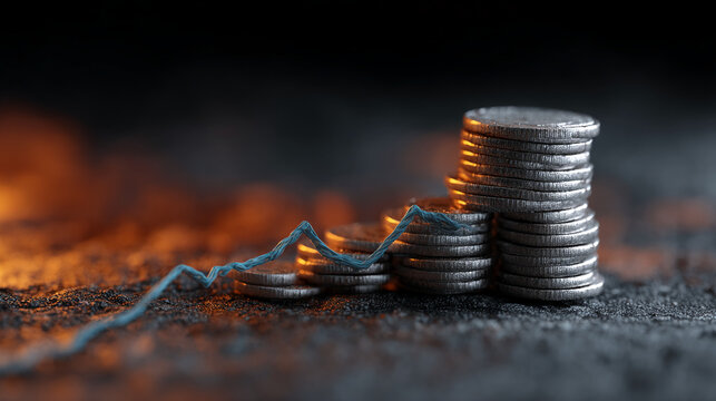 Stacks of silver coins on dark background, ascending graph line shows growth, symbolizing financial success and investment