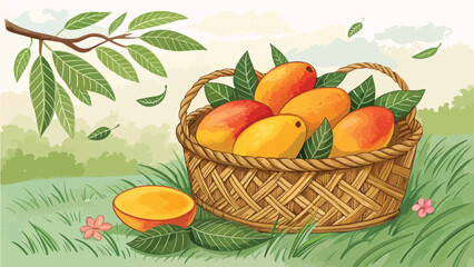 Mango in basket with mango slice in natural background, Mango Illustration vector design