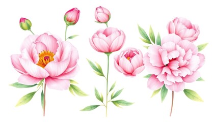 Elegant Watercolor Peony Blossom Cluster on Clean White Backdrop, Perfect for Creative Projects