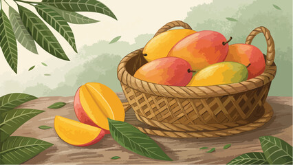 Mango in wicker basket with mango slice in natural background vector design, Mango Illustration vector design