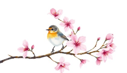 Watercolor painting of a small robin perched gracefully on a blossoming branch, a serene nature scene evoking spring
