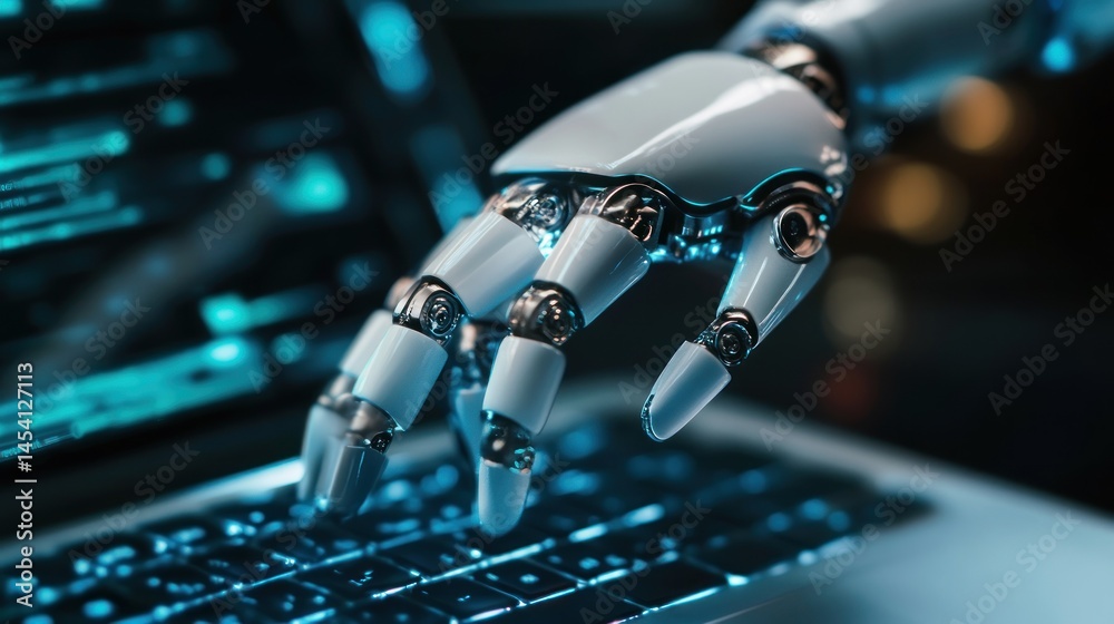 Aufkleber robotic hand typing on a laptop. advanced ai technology at work