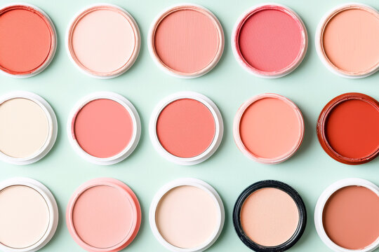 A vibrant array of colorful cosmetic products displayed in neat circular containers.