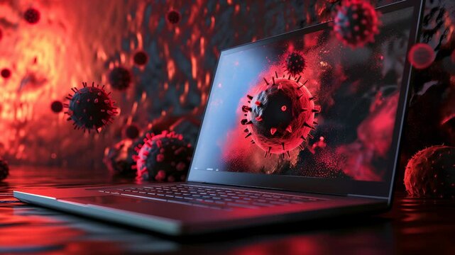 Microscopic virus particles surrounding laptop screen, dramatic red lighting highlighting viral structures. Detailed virus model displayed on computer screen with floating viral particles.