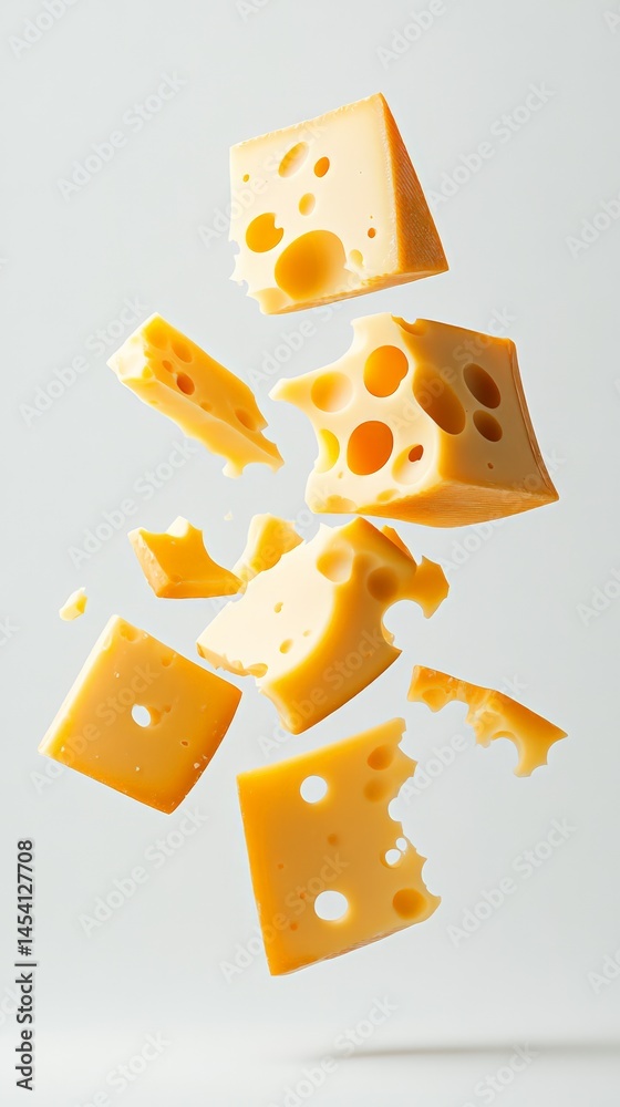 Poster several pieces of delicious swiss cheese with characteristic holes are levitating on a minimalist wh