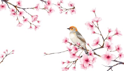 Fototapeta premium Tranquil harmony featuring a charming bird perched on a blooming cherry blossom branch, delicate pink petals against a clean white background