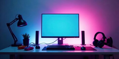 A vibrant workspace featuring a modern computer setup bathed in colorful ambient lighting, complete with essential peripherals and a touch of greenery