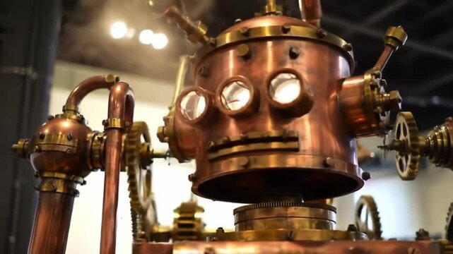 Exploring a unique steampunk robot display at a technology exhibition in a vibrant indoor setting
