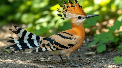 Hoopoe bird displaying feathers in garden