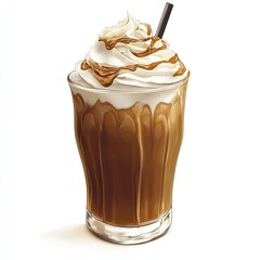 Caramel iced coffee drink with whipped cream.  A glass of cold coffee, topped with a generous amount of whipped cream, drizzled with caramel sauce.  A black straw is inserted