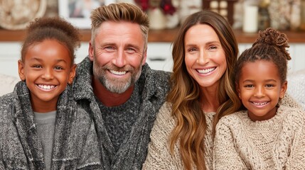 Fototapeta premium Family of four relaxes on a comfortable sofa, sharing smiles and happiness in a warm and inviting living room setup
