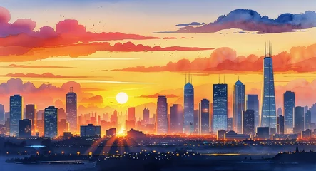 Bright sunset over city skyline golden light on watercolor