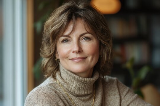 A middle-aged woman with shoulder-length brown hair, wearing a turtleneck sweater, smiles gently.