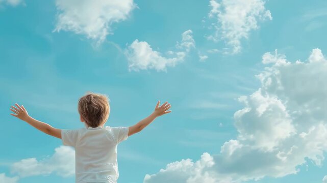 Preschool boy stretches arms wide against soft cloudy sky. Child expresses freedom and curiosity with expansive gesture. Stable camera, eye level perspective.