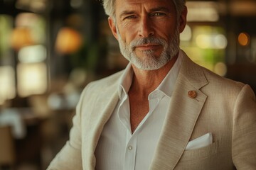 Naklejka premium Confident mature man in a beige blazer and white shirt, captured in a restaurant setting.