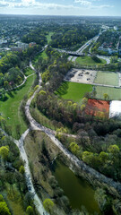 View of Westpark in Munich from above. A sunny day after a rain. Aerial photo, drone.