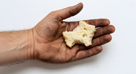 AI image displaying a dirty, working hand held open, palm up, offering or receiving a small piece of white bread.